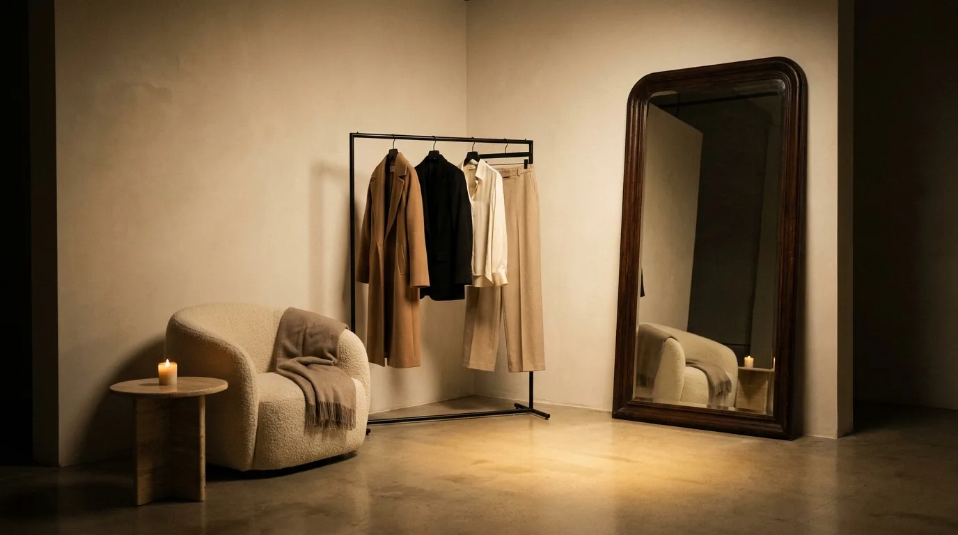 Privátní styling ateliér Amande v Brně — zrcadlo, vybrané kousky na stojanu a křeslo ve večerním světle